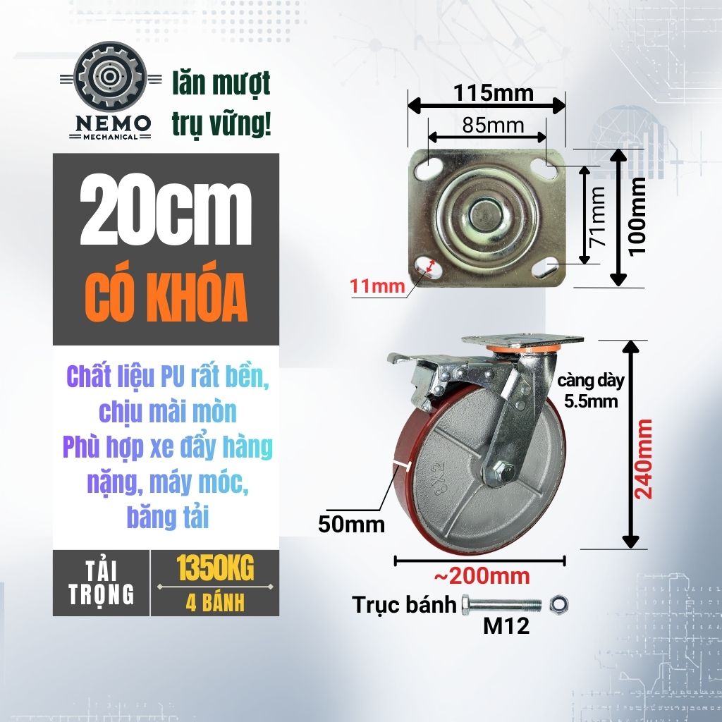 Bánh Xe PU Lõi Sắt Tải Nặng – Khung Càng Thép 5.5mm (D100, D125, D150, D200)